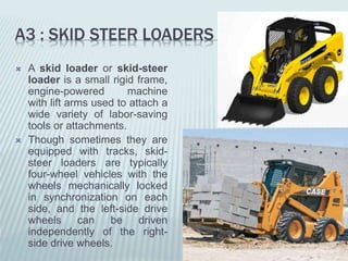 A3 : SKID STEER LOADERS
 A skid loader or skid-steer
loader is a small rigid frame,
engine-powered machine
with lift arms used to attach a
wide variety of labor-saving
tools or attachments.
 Though sometimes they are
equipped with tracks, skid-
steer loaders are typically
four-wheel vehicles with the
wheels mechanically locked
in synchronization on each
side, and the left-side drive
wheels can be driven
independently of the right-
side drive wheels.
 