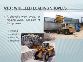 A10 : WHEELED LOADING SHOVELS
   A shovel's work cycle, or
    digging cycle, consists of
    four phases:

       digging
       swinging
       dumping
       returning
 
