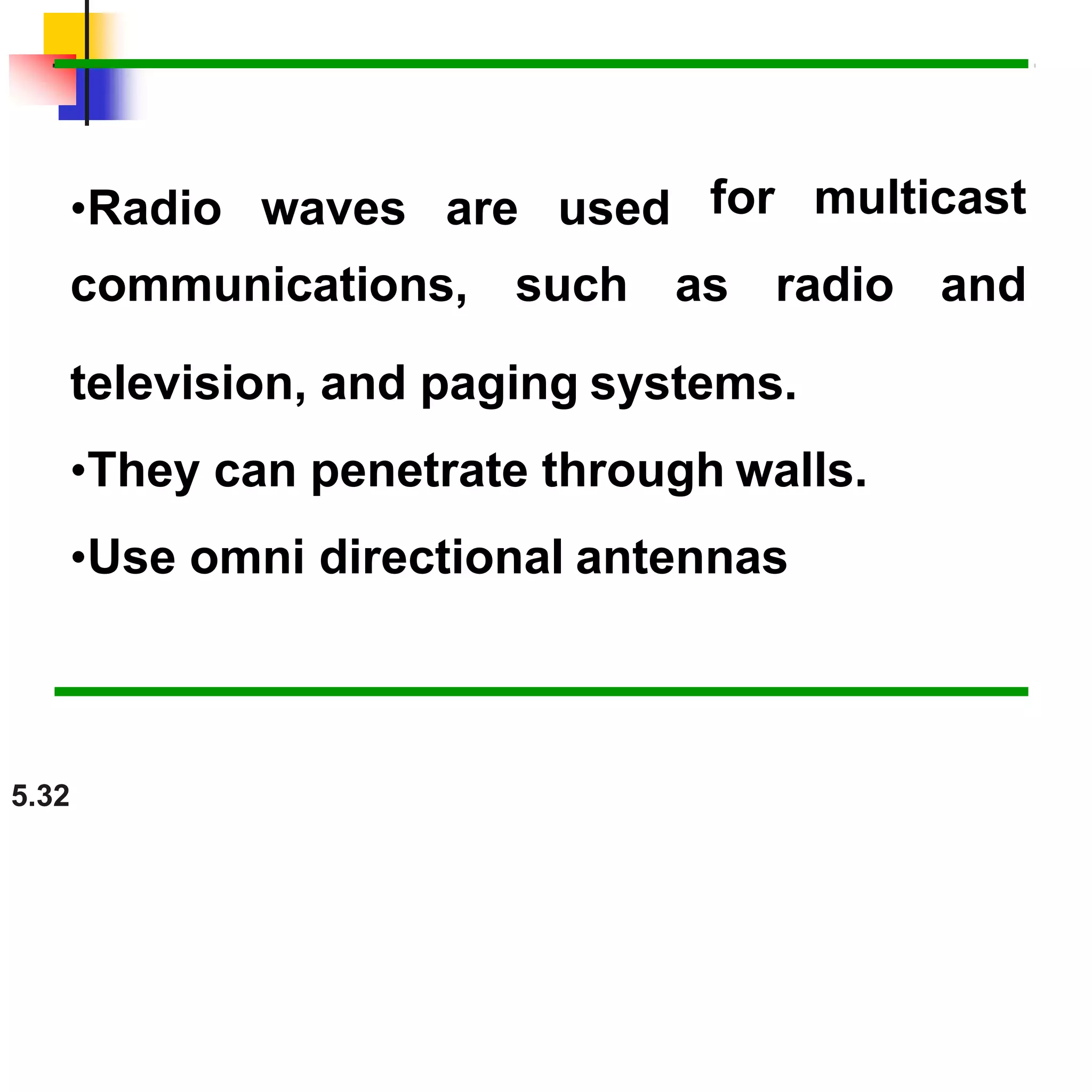 •Radio waves are used
5.32
for multicast
communications, such as radio and
television, and paging systems.
•They can penetrate through walls.
•Use omni directional antennas
 