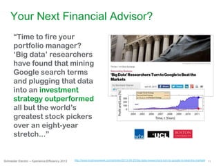 11Schneider Electric – Xperience Efficiency 2013
Your Next Financial Advisor?
http://www.businessweek.com/articles/2013-04-25/big-data-researchers-turn-to-google-to-beat-the-markets
“Time to fire your
portfolio manager?
„Big data‟ researchers
have found that mining
Google search terms
and plugging that data
into an investment
strategy outperformed
all but the world‟s
greatest stock pickers
over an eight-year
stretch...”
 