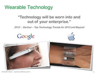 23Schneider Electric – Xperience Efficiency 2013
Wearable Technology
“Technology will be worn into and
out of your enterprise.”
2012 – Gartner – Top Technology Trends for 2013 and Beyond
 