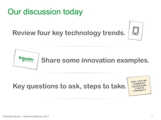 3Schneider Electric – Xperience Efficiency 2013
Our discussion today
Review four key technology trends.
Share some innovation examples.
Key questions to ask, steps to take.
 