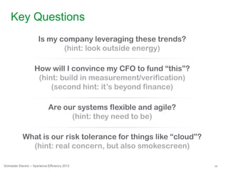 34Schneider Electric – Xperience Efficiency 2013
Key Questions
Is my company leveraging these trends?
(hint: look outside energy)
Are our systems flexible and agile?
(hint: they need to be)
How will I convince my CFO to fund “this”?
(hint: build in measurement/verification)
(second hint: it‟s beyond finance)
What is our risk tolerance for things like “cloud”?
(hint: real concern, but also smokescreen)
 
