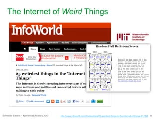 46Schneider Electric – Xperience Efficiency 2013
The Internet of Weird Things
http://www.infoworld.com/d/networking/25-weirdest-things-in-the-internet-of-things-217398
 