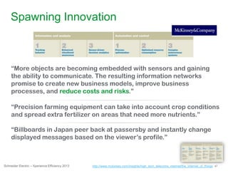47Schneider Electric – Xperience Efficiency 2013
Spawning Innovation
http://www.mckinsey.com/insights/high_tech_telecoms_internet/the_internet_of_things
“More objects are becoming embedded with sensors and gaining
the ability to communicate. The resulting information networks
promise to create new business models, improve business
processes, and reduce costs and risks.”
“Precision farming equipment can take into account crop conditions
and spread extra fertilizer on areas that need more nutrients.”
“Billboards in Japan peer back at passersby and instantly change
displayed messages based on the viewer‟s profile.”
 