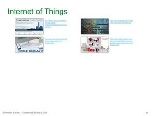 62Schneider Electric – Xperience Efficiency 2013
Internet of Things
http://www.cisco.com/web/to
morrow-starts-
here/connectednetworks/prev
iew.html
http://download.intel.com/ne
wsroom/kits/40thanniversary/
pdfs/Its_a_Smart_World_info
graphic.pdf
http://www.zdnet.com/uk/mob
ile-big-data-cloud-m2m-
7000015484/
http://postscapes.com/infogra
phic-intel-internet-of-things
 
