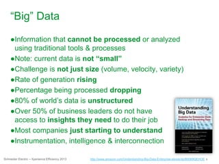 8Schneider Electric – Xperience Efficiency 2013
“Big” Data
●Information that cannot be processed or analyzed
using traditional tools & processes
●Note: current data is not “small”
●Challenge is not just size (volume, velocity, variety)
●Rate of generation rising
●Percentage being processed dropping
●80% of world’s data is unstructured
●Over 50% of business leaders do not have
access to insights they need to do their job
●Most companies just starting to understand
●Instrumentation, intelligence & interconnection
http://www.amazon.com/Understanding-Big-Data-Enterprise-ebook/dp/B0069QEHOE
 