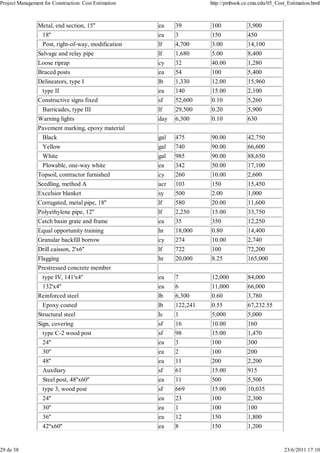 Project Management for Construction: Cost Estimation http://pmbook.ce.cmu.edu/05_Cost_Estimation.html 
Metal, end section, 15'' ea 39 100 3,900 
18'' ea 3 150 450 
Post, right-of-way, modification lf 4,700 3.00 14,100 
Salvage and relay pipe lf 1,680 5.00 8,400 
Loose riprap cy 32 40.00 1,280 
Braced posts ea 54 100 5,400 
Delineators, type I lb 1,330 12.00 15,960 
type II ea 140 15.00 2,100 
Constructive signs fixed sf 52,600 0.10 5,260 
Barricades, type III lf 29,500 0.20 5,900 
Warning lights day 6,300 0.10 630 
Pavement marking, epoxy material 
Black gal 475 90.00 42,750 
Yellow gal 740 90.00 66,600 
White gal 985 90.00 88,650 
Plowable, one-way white ea 342 50.00 17,100 
Topsoil, contractor furnished cy 260 10.00 2,600 
Seedling, method A acr 103 150 15,450 
Excelsior blanket sy 500 2.00 1,000 
Corrugated, metal pipe, 18'' lf 580 20.00 11,600 
Polyethylene pipe, 12'' lf 2,250 15.00 33,750 
Catch basin grate and frame ea 35 350 12,250 
Equal opportunity training hr 18,000 0.80 14,400 
Granular backfill borrow cy 274 10.00 2,740 
Drill caisson, 2'x6'' lf 722 100 72,200 
Flagging hr 20,000 8.25 165,000 
Prestressed concrete member 
type IV, 141'x4'' ea 7 12,000 84,000 
132'x4'' ea 6 11,000 66,000 
Reinforced steel lb 6,300 0.60 3,780 
Epoxy coated lb 122,241 0.55 67,232.55 
Structural steel ls 1 5,000 5,000 
Sign, covering sf 16 10.00 160 
type C-2 wood post sf 98 15.00 1,470 
24'' ea 3 100 300 
30'' ea 2 100 200 
48'' ea 11 200 2,200 
Auxiliary sf 61 15.00 915 
Steel post, 48''x60'' ea 11 500 5,500 
type 3, wood post sf 669 15.00 10,035 
24'' ea 23 100 2,300 
30'' ea 1 100 100 
36'' ea 12 150 1,800 
42''x60'' ea 8 150 1,200 
29 de 38 23/6/2011 17:10 
 