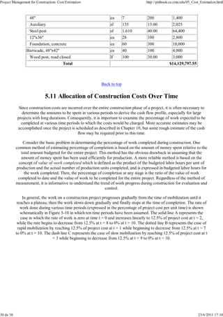 Project Management for Construction: Cost Estimation http://pmbook.ce.cmu.edu/05_Cost_Estimation.html 
48'' ea 7 200 1,400 
Auxiliary sf 135 15.00 2,025 
Steel post sf 1,610 40.00 64,400 
12''x36'' ea 28 100 2,800 
Foundation, concrete ea 60 300 18,000 
Barricade, 48''x42'' ea 40 100 4,000 
Wood post, road closed lf 100 30.00 3,000 
Total $14,129,797.55 
Back to top 
5.11 Allocation of Construction Costs Over Time 
Since construction costs are incurred over the entire construction phase of a project, it is often necessary to 
determine the amounts to be spent in various periods to derive the cash flow profile, especially for large 
projects with long durations. Consequently, it is important to examine the percentage of work expected to be 
completed at various time periods to which the costs would be charged. More accurate estimates may be 
accomplished once the project is scheduled as described in Chapter 10, but some rough estimate of the cash 
flow may be required prior to this time. 
Consider the basic problem in determining the percentage of work completed during construction. One 
common method of estimating percentage of completion is based on the amount of money spent relative to the 
total amount budgeted for the entire project. This method has the obvious drawback in assuming that the 
amount of money spent has been used efficiently for production. A more reliable method is based on the 
concept of value of work completed which is defined as the product of the budgeted labor hours per unit of 
production and the actual number of production units completed, and is expressed in budgeted labor hours for 
the work completed. Then, the percentage of completion at any stage is the ratio of the value of work 
completed to date and the value of work to be completed for the entire project. Regardless of the method of 
measurement, it is informative to understand the trend of work progress during construction for evaluation and 
control. 
In general, the work on a construction project progresses gradually from the time of mobilization until it 
reaches a plateau; then the work slows down gradually and finally stops at the time of completion. The rate of 
work done during various time periods (expressed in the percentage of project cost per unit time) is shown 
schematically in Figure 5-10 in which ten time periods have been assumed. The solid line A represents the 
case in which the rate of work is zero at time t = 0 and increases linearly to 12.5% of project cost at t = 2, 
while the rate begins to decrease from 12.5% at t = 8 to 0% at t = 10. The dotted line B represents the case of 
rapid mobilization by reaching 12.5% of project cost at t = 1 while beginning to decrease from 12.5% at t = 7 
to 0% at t = 10. The dash line C represents the case of slow mobilization by reaching 12.5% of project cost at t 
= 3 while beginning to decrease from 12.5% at t = 9 to 0% at t = 10. 
30 de 38 23/6/2011 17:10 
 