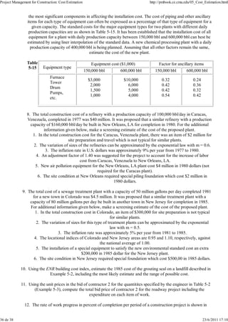 Project Management for Construction: Cost Estimation http://pmbook.ce.cmu.edu/05_Cost_Estimation.html 
the most significant components in affecting the installation cost. The cost of piping and other ancillary 
items for each type of equipment can often be expressed as a percentage of that type of equipment for a 
given capacity. The standard costs for the major equipment types for two plants with different daily 
production capacities are as shown in Table 5-15. It has been established that the installation cost of all 
equipment for a plant with daily production capacity between 150,000 bbl and 600,000 bbl can best be 
estimated by using liner interpolation of the standard data. A new chemical processing plant with a daily 
production capacity of 400,000 bbl is being planned. Assuming that all other factors remain the same, 
estimate the cost of the new plant. 
Table 
5-15 Equipment type 
Equipment cost ($1,000) Factor for ancillary items 
150,000 bbl 600,000 bbl 150,000 bbl 600,000 bbl 
Furnace 
Tower 
Drum 
Pumps, 
etc. 
$3,000 
2,000 
1,500 
1,000 
$10,000 
6,000 
5,000 
4,000 
0.32 
0.42 
0.42 
0.54 
0.24 
0.36 
0.32 
0.42 
The total construction cost of a refinery with a production capacity of 100,000 bbl/day in Caracas, 
Venezuela, completed in 1977 was $40 million. It was proposed that a similar refinery with a production 
capacity of $160,000 bbl/day be built in New Orleans, LA for completion in 1980. For the additional 
information given below, make a screening estimate of the cost of the proposed plant. 
In the total construction cost for the Caracus, Venezuela plant, there was an item of $2 million for 
site preparation and travel which is not typical for similar plants. 
1. 
The variation of sizes of the refineries can be approximated by the 2. exponential law with m = 0.6. 
3. The inflation rate in U.S. dollars was approximately 9% per year from 1977 to 1980. 
An adjustment factor of 1.40 was suggested for the project to account for the increase of labor 
cost from Caracas, Venezuela to New Orleans, LA. 
4. 
New air pollution equipment for the New Orleans, LA plant cost $4 million in 1980 dollars (not 
required for the Caracas plant). 
5. 
The site condition at New Orleans required special piling foundation which cost $2 million in 
1980 dollars. 
6. 
8. 
The total cost of a sewage treatment plant with a capacity of 50 million gallons per day completed 1981 
for a new town in Colorado was $4.5 million. It was proposed that a similar treatment plant with a 
capacity of 80 million gallons per day be built in another town in New Jersey for completion in 1985. 
For additional information given below, make a screening estimate of the cost of the proposed plant. 
In the total construction cost in Colorado, an item of $300,000 for site preparation is not typical 
for similar plants. 
1. 
The variation of sizes for this type of treatment plants can be approximated by the exponential 
law with m = 0.5. 
2. 
3. The inflation rate was approximately 5% per year from 1981 to 1985. 
The locational indices of Colorado and New Jersey areas are 0.95 and 1.10, respectively, against 
the national average of 1.00. 
4. 
The installation of a special equipment to satisfy the new environmental standard cost an extra 
$200,000 in 1985 dollar for the New Jersey plant. 
5. 
6. The site condition in New Jersey required special foundation which cost $500,00 in 1985 dollars. 
9. 
Using the ENR building cost index, estimate the 1985 cost of the grouting seal on a landfill described in 
Example 5-2, including the most likely estimate and the range of possible cost. 
10. 
Using the unit prices in the bid of contractor 2 for the quantitites specified by the engineer in Table 5-2 
(Example 5-3), compute the total bid price of contractor 2 for the roadway project including the 
expenditure on each item of work. 
11. 
12. The rate of work progress in percent of completion per period of a construction project is shown in 
36 de 38 23/6/2011 17:10 
 