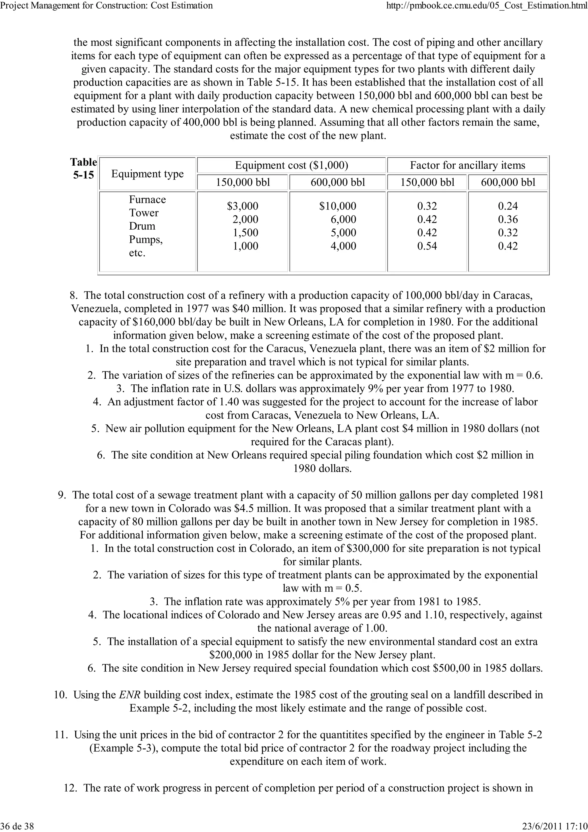 Project Management for Construction: Cost Estimation                                    http://pmbook.ce.cmu.edu/05_Cost_Estimation.html


                  the most significant components in affecting the installation cost. The cost of piping and other ancillary
                 items for each type of equipment can often be expressed as a percentage of that type of equipment for a
                    given capacity. The standard costs for the major equipment types for two plants with different daily
                  production capacities are as shown in Table 5-15. It has been established that the installation cost of all
                  equipment for a plant with daily production capacity between 150,000 bbl and 600,000 bbl can best be
                 estimated by using liner interpolation of the standard data. A new chemical processing plant with a daily
                   production capacity of 400,000 bbl is being planned. Assuming that all other factors remain the same,
                                                     estimate the cost of the new plant.

                 Table                                     Equipment cost ($1,000)           Factor for ancillary items
                 5-15      Equipment type
                                                       150,000 bbl        600,000 bbl      150,000 bbl       600,000 bbl
                               Furnace
                                                         $3,000            $10,000             0.32               0.24
                               Tower
                                                          2,000              6,000             0.42               0.36
                               Drum
                                                          1,500              5,000             0.42               0.32
                               Pumps,
                                                          1,000              4,000             0.54               0.42
                               etc.


                8. The total construction cost of a refinery with a production capacity of 100,000 bbl/day in Caracas,
                Venezuela, completed in 1977 was $40 million. It was proposed that a similar refinery with a production
                  capacity of $160,000 bbl/day be built in New Orleans, LA for completion in 1980. For the additional
                         information given below, make a screening estimate of the cost of the proposed plant.
                   1. In the total construction cost for the Caracus, Venezuela plant, there was an item of $2 million for
                                        site preparation and travel which is not typical for similar plants.
                    2. The variation of sizes of the refineries can be approximated by the exponential law with m = 0.6.
                          3. The inflation rate in U.S. dollars was approximately 9% per year from 1977 to 1980.
                     4. An adjustment factor of 1.40 was suggested for the project to account for the increase of labor
                                               cost from Caracas, Venezuela to New Orleans, LA.
                     5. New air pollution equipment for the New Orleans, LA plant cost $4 million in 1980 dollars (not
                                                          required for the Caracas plant).
                      6. The site condition at New Orleans required special piling foundation which cost $2 million in
                                                                   1980 dollars.

              9. The total cost of a sewage treatment plant with a capacity of 50 million gallons per day completed 1981
                   for a new town in Colorado was $4.5 million. It was proposed that a similar treatment plant with a
                  capacity of 80 million gallons per day be built in another town in New Jersey for completion in 1985.
                  For additional information given below, make a screening estimate of the cost of the proposed plant.
                    1. In the total construction cost in Colorado, an item of $300,000 for site preparation is not typical
                                                                 for similar plants.
                     2. The variation of sizes for this type of treatment plants can be approximated by the exponential
                                                                 law with m = 0.5.
                                   3. The inflation rate was approximately 5% per year from 1981 to 1985.
                    4. The locational indices of Colorado and New Jersey areas are 0.95 and 1.10, respectively, against
                                                           the national average of 1.00.
                     5. The installation of a special equipment to satisfy the new environmental standard cost an extra
                                                $200,000 in 1985 dollar for the New Jersey plant.
                    6. The site condition in New Jersey required special foundation which cost $500,00 in 1985 dollars.

             10. Using the ENR building cost index, estimate the 1985 cost of the grouting seal on a landfill described in
                            Example 5-2, including the most likely estimate and the range of possible cost.

             11. Using the unit prices in the bid of contractor 2 for the quantitites specified by the engineer in Table 5-2
                    (Example 5-3), compute the total bid price of contractor 2 for the roadway project including the
                                                     expenditure on each item of work.

               12. The rate of work progress in percent of completion per period of a construction project is shown in


36 de 38                                                                                                                 23/6/2011 17:10
 