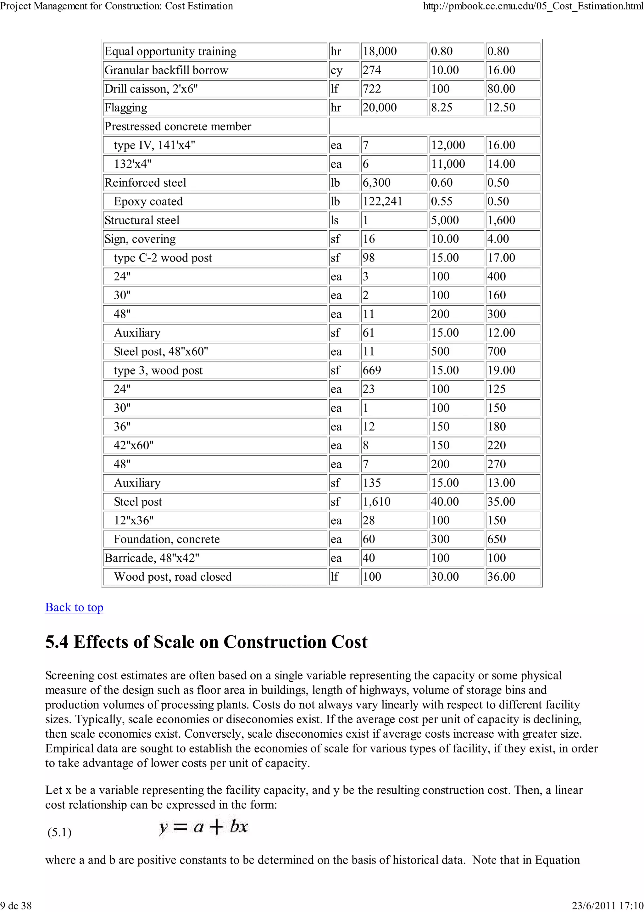 Project Management for Construction: Cost Estimation                                     http://pmbook.ce.cmu.edu/05_Cost_Estimation.html



                        Equal opportunity training                   hr     18,000        0.80        0.80
                        Granular backfill borrow                     cy     274           10.00       16.00
                        Drill caisson, 2'x6''                        lf     722           100         80.00
                        Flagging                                     hr     20,000        8.25        12.50
                        Prestressed concrete member
                          type IV, 141'x4''                          ea     7             12,000      16.00
                         132'x4''                                    ea     6             11,000      14.00
                        Reinforced steel                             lb     6,300         0.60        0.50
                         Epoxy coated                                lb     122,241       0.55        0.50
                        Structural steel                             ls     1             5,000       1,600
                        Sign, covering                               sf     16            10.00       4.00
                         type C-2 wood post                          sf     98            15.00       17.00
                         24''                                        ea     3             100         400
                         30''                                        ea     2             100         160
                         48''                                        ea     11            200         300
                         Auxiliary                                   sf     61            15.00       12.00
                         Steel post, 48''x60''                       ea     11            500         700
                         type 3, wood post                           sf     669           15.00       19.00
                         24''                                        ea     23            100         125
                         30''                                        ea     1             100         150
                         36''                                        ea     12            150         180
                         42''x60''                                   ea     8             150         220
                         48''                                        ea     7             200         270
                         Auxiliary                                   sf     135           15.00       13.00
                         Steel post                                  sf     1,610         40.00       35.00
                         12''x36''                                   ea     28            100         150
                         Foundation, concrete                        ea     60            300         650
                        Barricade, 48''x42''                         ea     40            100         100
                         Wood post, road closed                      lf     100           30.00       36.00

          Back to top

          5.4 Effects of Scale on Construction Cost
          Screening cost estimates are often based on a single variable representing the capacity or some physical
          measure of the design such as floor area in buildings, length of highways, volume of storage bins and
          production volumes of processing plants. Costs do not always vary linearly with respect to different facility
          sizes. Typically, scale economies or diseconomies exist. If the average cost per unit of capacity is declining,
          then scale economies exist. Conversely, scale diseconomies exist if average costs increase with greater size.
          Empirical data are sought to establish the economies of scale for various types of facility, if they exist, in order
          to take advantage of lower costs per unit of capacity.

          Let x be a variable representing the facility capacity, and y be the resulting construction cost. Then, a linear
          cost relationship can be expressed in the form:

          (5.1)

          where a and b are positive constants to be determined on the basis of historical data. Note that in Equation


9 de 38                                                                                                                  23/6/2011 17:10
 