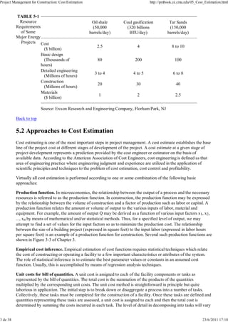 Project Management for Construction: Cost Estimation                                    http://pmbook.ce.cmu.edu/05_Cost_Estimation.html


          TABLE 5-1
           Resource                                     Oil shale       Coal gasification          Tar Sands
          Requirements                                   (50,000         (320 billions             (150,000
            of Some                                    barrels/day)       BTU/day)                barrels/day)
          Major Energy
            Projects Cost
                                                           2.5                  4                    8 to 10
                          ($ billion)
                         Basic design
                          (Thousands of                    80                  200                     100
                         hours)
                         Detailed engineering
                                                          3 to 4              4 to 5                  6 to 8
                          (Millions of hours)
                         Construction
                                                           20                   30                      40
                          (Millions of hours)
                         Materials
                                                            1                   2                      2.5
                          ($ billion)

                         Source: Exxon Research and Engineering Company, Florham Park, NJ

          Back to top

          5.2 Approaches to Cost Estimation
          Cost estimating is one of the most important steps in project management. A cost estimate establishes the base
          line of the project cost at different stages of development of the project. A cost estimate at a given stage of
          project development represents a prediction provided by the cost engineer or estimator on the basis of
          available data. According to the American Association of Cost Engineers, cost engineering is defined as that
          area of engineering practice where engineering judgment and experience are utilized in the application of
          scientific principles and techniques to the problem of cost estimation, cost control and profitability.

          Virtually all cost estimation is performed according to one or some combination of the following basic
          approaches:

          Production function. In microeconomics, the relationship between the output of a process and the necessary
          resources is referred to as the production function. In construction, the production function may be expressed
          by the relationship between the volume of construction and a factor of production such as labor or capital. A
          production function relates the amount or volume of output to the various inputs of labor, material and
          equipment. For example, the amount of output Q may be derived as a function of various input factors x1, x2,
          ..., xn by means of mathematical and/or statistical methods. Thus, for a specified level of output, we may
          attempt to find a set of values for the input factors so as to minimize the production cost. The relationship
          between the size of a building project (expressed in square feet) to the input labor (expressed in labor hours
          per square foot) is an example of a production function for construction. Several such production functions are
          shown in Figure 3-3 of Chapter 3.

          Empirical cost inference. Empirical estimation of cost functions requires statistical techniques which relate
          the cost of constructing or operating a facility to a few important characteristics or attributes of the system.
          The role of statistical inference is to estimate the best parameter values or constants in an assumed cost
          function. Usually, this is accomplished by means of regression analysis techniques.

          Unit costs for bill of quantities. A unit cost is assigned to each of the facility components or tasks as
          represented by the bill of quantities. The total cost is the summation of the products of the quantities
          multiplied by the corresponding unit costs. The unit cost method is straightforward in principle but quite
          laborious in application. The initial step is to break down or disaggregate a process into a number of tasks.
          Collectively, these tasks must be completed for the construction of a facility. Once these tasks are defined and
          quantities representing these tasks are assessed, a unit cost is assigned to each and then the total cost is
          determined by summing the costs incurred in each task. The level of detail in decomposing into tasks will vary


3 de 38                                                                                                                 23/6/2011 17:10
 