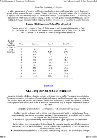 Project Management for Construction: Cost Estimation                                         http://pmbook.ce.cmu.edu/05_Cost_Estimation.html


                                                       toward the completion of a project.

            In addition to the speed of resource mobilization, another important consideration is the overall duration of a
           project and the amount of resources applied. Various strategies may be applied to shorten the overall duration
           of a project such as overlapping design and construction activities (as described in Chapter 2) or increasing the
             peak amounts of labor and equipment working on a site. However, spatial, managerial and technical factors
            will typically place a minimum limit on the project duration or cause costs to escalate with shorter durations.

                                      Example 5-16: Calculation of Value of Work Completed

                 From the area of work progress in Figure 5-10, the value of work completed at any point in Figure
                 5-11 can be derived by noting the area under the curve up to that point in Figure 5-10. The result
                            for t = 0 through t = 10 is shown in Table 5-14 and plotted in Figure 5-11.



            TABLE
              5-14          Time               Case A                  Case B                Case C
           Calculation
           of Value of
              Work            0                   0                       0                     0
           Completed          1                 3.1%                    6.2%                 2.1%
                              2                  12.5                    18.7                  8.3
                              3                  25.0                    31.2                 18.8
                              4                  37.5                    43.7                 31.3
                              5                  50.0                    56.2                 43.8
                              6                  62.5                    68.7                 56.3
                              7                  75.0                    81.2                 68.8
                              8                  87.5                    91.7                 81.9
                              9                  96.9                    97.9                 93.8
                              10                100.0                   100.0                100.0




                                                                  Back to top

                                      5.12 Computer Aided Cost Estimation
            Numerous computer aided cost estimation software systems are now available. These range in sophistication
           from simple spreadsheet calculation software to integrated systems involving design and price negotiation over
             the Internet. While this software involves costs for purchase, maintenance, training and computer hardware,
            some significant efficiencies often result. In particular, cost estimates may be prepared more rapidly and with
                                                                less effort.

                         Some of the common features of computer aided cost estimation software include:

                    Databases for unit cost items such as worker wage rates, equipment rental or material prices. These
                 databases can be used for any cost estimate required. If these rates change, cost estimates can be rapidly
                                                re-computed after the databases are updated.
                     Databases of expected productivity for different components types, equiptment and construction
                                                                  processes.
                   Import utilities from computer aided design software for automatic quantity-take-off of components.
                  Alternatively, special user interfaces may exist to enter geometric descriptions of components to allow
                                                         automatic quantity-take-off.
                  Export utilities to send estimates to cost control and scheduling software. This is very helpful to begin


32 de 38                                                                                                                     23/6/2011 17:10
 