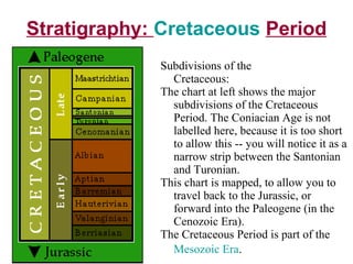 Cretaceous Period: Stratigraphy
Subdivisions of the
Cretaceous:
The chart at left shows the major
subdivisions of the Cretaceous
Period. The Coniacian Age is not
labelled here, because it is too short
to allow this -- you will notice it as a
narrow strip between the Santonian
and Turonian.
This chart is mapped, to allow you to
travel back to the Jurassic, or
forward into the Paleogene (in the
Cenozoic Era).
The Cretaceous Period is part of the
Mesozoic Era.
 