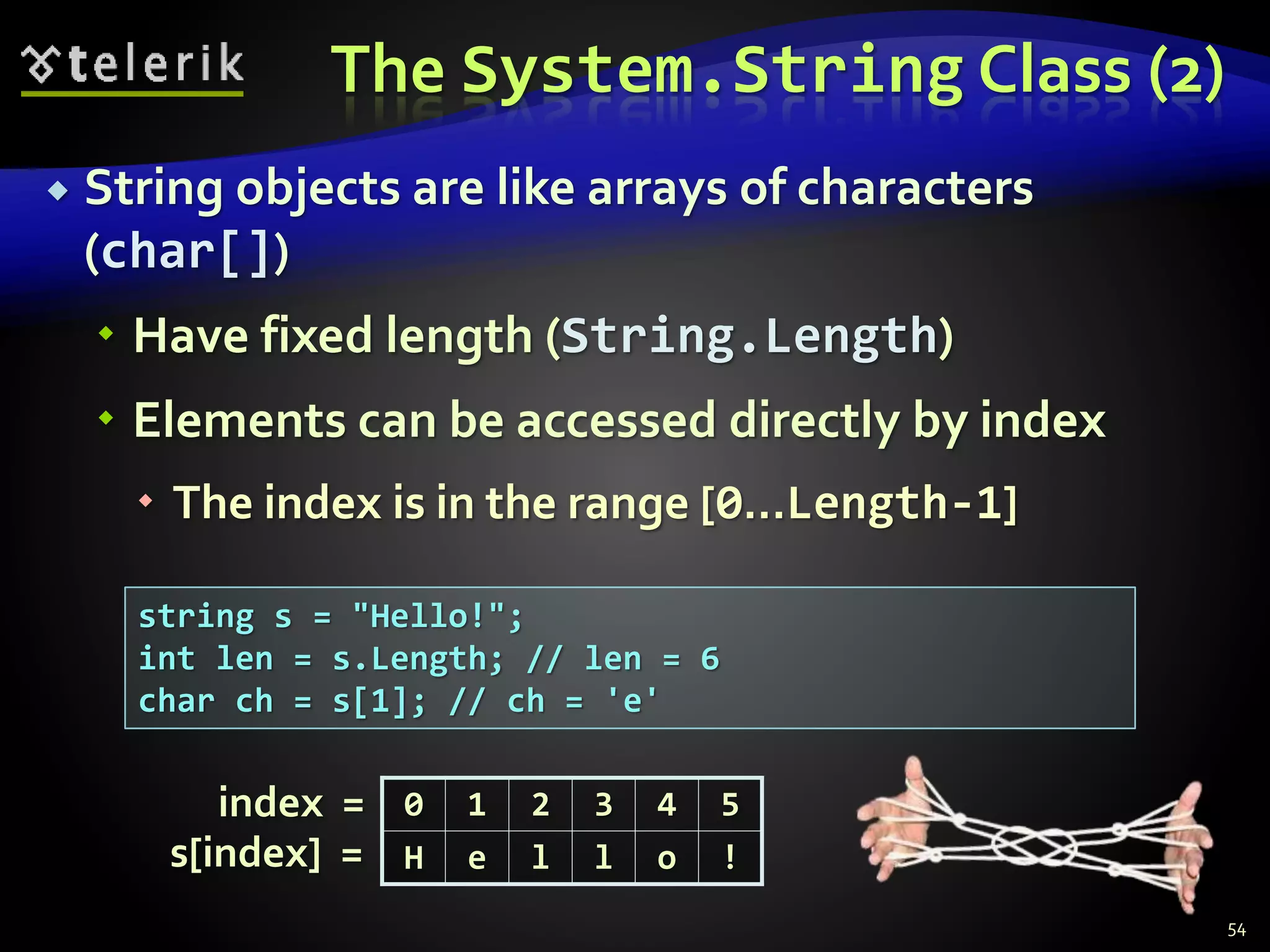 The System.String Class (2)
 String objects are like arrays of characters
(char[])
 Have fixed length (String.Length)
 Elements can be accessed directly by index
 The index is in the range [0...Length-1]
54
string s = "Hello!";
int len = s.Length; // len = 6
char ch = s[1]; // ch = 'e'
0 1 2 3 4 5
H e l l o !
index =
s[index] =
 