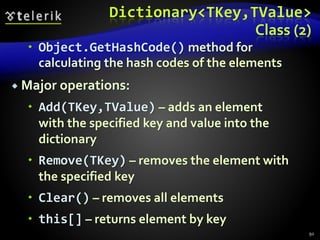 Dictionary<TKey,TValue>
Class (2)
 Object.GetHashCode() method for
calculating the hash codes of the elements
 Major operations:
 Add(TKey,TValue) – adds an element
with the specified key and value into the
dictionary
 Remove(TKey) – removes the element with
the specified key
 Clear() – removes all elements
 this[] – returns element by key
92
 