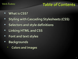 Table of Contents
    What is CSS?
    Styling with Cascading Stylesheets (CSS)
    Selectors and style definitions
    Linking HTML and CSS
    Font and text styles
    Backgrounds
     Colors and images

                                                2
 