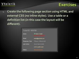 Exercises Create the following page section using HTML and external CSS (no inline styles). Use a table or a definition list (in this case the layout will be different). 
