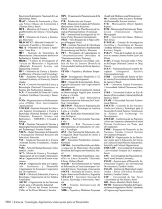 Sincrotron (Laboratório Nacional de Luz       OPS – Organización Panamericana de la        (Small and Medium-sized Enterprises)
          Síncrotron), Brasil                           Salud                                        SSI – Instituto sobre la Ciencia Sustenta-
          MAST – Museo de Astronomía y Cien-            P+L – Producción más Limpia                  ble (Sustainable Science Institute)
          cias Afines (Museo de Astronomia y            PCR – Reacción en Cadena de Polímeros        STR – Microsatélite (Short Tandem
          Ciências Afins), Brasil                       (Polymerase Chain Reaction)                  Repeat)
          MCT – Ministerio de Ciencia y Tecnolo-        PIOJ – Instituto de Planificación de Ja-     TEM – Microscopía Electrónica de Trans-
          gía (Ministério de Ciência e Tecnologia),     maica (Planning Institute of Jamaica)        misión       (Transmission       Electron
          Brasil                                        PRI – Internacional Investigación de Po-     Micrograph)
          MCT - Ministerio de Ciencia y Tecnolo-        lítica (Policy Research International)       TEV – Virus Etch del Tabaco (Tobacco
          gía, Venezuela                                PRSV – Virus Ringspot de la Papaya (Pa-      Etch Virus)
          MERCOCYT – Mercado Común del Co-              paya Ringspot Virus)                         TUBITAK – Consejo de Investigación
          nocimiento Científico y Tecnológico           PTB – Instituto Nacional de Metrología       Científica y Tecnológica de Turquía
          MICIT - Ministerio de Ciencia y Tecno-        (Physikalisch-Technische Bundesanstalt       (Turkiye Bilimsel ve Teknik Arastirma
          logía, Costa Rica                             Braunschweig und Berlin), Alemania           Kurumu), Turquía
          MIT – Instituto de Tecnología de              PTT – Proveedores de Capacitación en         TYLCV – Virus de la cuchara en los cul-
          Massachusetts (Massachusetts Institute of     Telecomunicaciones (Providers of             tivos del tomate (Tomato Yellow Leaf Curl
          Technology), Estados Unidos                   Telecommunications Training)                 Virus)
          MRSEC – Centros de Investigación en           PUC-Rio – Pontificia Universidad Cató-       UCDA –Consejo Nacional sobre el Abu-
          Ciencia de Materiales e Ingeniería            lica de Río de Janeiro (Pontificea           so de Drogas (National Council on Drug
          (Materials Research Science and               Universidade Católica do Rio de Janeiro),    Abuse)
          Engineering Centres)                          Brasil                                       UCLA – Nanomanufactura Escalable In-
          MST – Ministerio de Ciencia y Tecnolo-        PYMEs – Pequeñas y Medianas Empre-           tegrada        (Integrated       Scalable
          gía (Ministry of Science and Technology)      sas                                          Nanomanufacturing)
          NAS – Academia Nacional de Ciencias           R&D – Investigación y Desarrollo (I+D)       UERJ – Universidad del Estado de Río
          (National Academy of Sciences), Estados       (Research and Development)                   de Janeiro (Universidade do Estado do Rio
          Unidos                                        RED – Desarrollo Experimental e Inves-       de Janeiro), Brasil
          NCST – Comisión Nacional de Ciencia y         tigación (Research and Experimental          UFF – University Federal Fluminense
          Tecnología (National Commission on            Development)                                 (Universidade Federal Fluminense), Bra-
          Science and Technology), Jamaica              REDBIO – Red de Cooperación Técnica          sil
          NCU – Universidad del Norte del Caribe        en Biotecnología Vegetal para América        UFRJ – Universidad Federal de Río de
          (Northern Caribbean University), Jamai-       Latina y el Caribe                           Janeiro (Universidade Federal do Rio de
          ca                                            RedHUCyT – Red Hemisférica                   Janeiro), Brasil
          NGOs – Organizaciones no Gubernamen-          Interuniversitaria de Información Cientí-    UNAM – Universidad Nacional Autóno-
          tales (ONGs) (Non Governmental                fica y Tecnológica                           ma de México
          Organizations)                                RED-POP – Red para la Popularización         UNCSTD – Comisión de las Naciones
          NIHERST - Instituto Nacional de Educa-        de la Ciencia y Tecnología en América        Unidas en Ciencia y Tecnología para el
          ción Superior, Investigación y Ciencia y      Latina y el Caribe                           Desarrollo (United Nations Commission
          Tecnología (National Institute of Higher      RELAB - Red Latino Americana de Cien-        on Science and Technology for
          Education, Research, Science and              cias Biológicas                              Development)
          Technology - NIHERST), Trinidad y             REUNA – Red Universitaria Nacional,          UNCTAD – Conferencia de las Naciones
          Tobago.                                       Chile                                        Unidas en Comercio y Desarrollo (United
          NIST – Instituto Nacional de Normas y         RICYT – Red Iberoamericana/                  Nations Conference on Trade and
          Tecnología (National Institute of Standards   Interamericana de Indicadores en Cien-       Development)
          and Technology), Estados Unidos               cia y Tecnología                             UNDP – Programa de Desarrollo de las
          NRENs – Redes Nacionales de Educación         RNP – Red Nacional de Educación e In-        Naciones Unidas (United Nations
          e Investigación (National Research and        vestigación (Rede Nacional de Ensino e       Development Program)
          Education) Networks                           Pesquisa), Brasil                            UNESCO – Organización de las Nacio-
          NSF – Fundación Nacional de la Ciencia        RPI – Rensselaer Polythechnic Institute,     nes Unidas para la Educación, la Ciencia
          (National Science Foundation), Estados        Germany                                      y la Cultura (United Nations Educational,
          Unidos                                        SBPMat – Sociedad Brasileña para la In-      Scientific and Cultural Organization)
          NSRC - Network Startup Resource Center,       vestigación de Materiales (Sociedade         UNICAMP – Universidad de Campinas
          Estados Unidos                                Brasileira de Pesquisa em Materiais), Bra-   (Universidade Estadual de Campinas),
          OCT– Oficina de Ciencia y Tecnología,         sil                                          Brasil
          Organización de los Estados Americanos        SCIELO – Biblioteca Electrónica Cien-        UNU – Universidad de las Naciones Uni-
          OEA - Organización de los Estados Ame-        tífica en Línea (Scientific Electronic       das (United Nations University)
          ricanos                                       Library Online), Brasil                      USAID – Agencia para el Desarrollo In-
          OECD – Organización para la Coopera-          ScienTI – Red Internacional de Fuentes       ternacional (Agency for International
          ción Económica y Desarrollo                   de Información y Conocimiento para Ges-      Development), Estados Unidos
          (Organization for Economic Cooperation        tión de Ciencia, Tecnología e Innovación     USAMI – Instituto de Materiales Estados
          and Development)                              SECYT – Secretaría de Ciencia, Tecno-        Unidos - Africa (US-Africa Materials
          OECT – Oficina de Educación, Ciencia y        logía e Innovación Productiva, Argentina     Institute), Estados Unidos
          Tecnología, Organización de los Estados       SENACYT - Secretaría Nacional de             USP – Universidad de Sao Paulo
          Americanos                                    Ciencia, Tecnología e Innovación, Pana-      (Univesidade de São Paulo), Brasil
          ONUDI - Organización de las Naciones          má                                           WB – Banco Mundial (World Bank)
          Unidas para el Desarrollo Industrial          SIM – Sistema Interamericano de              WFEO – Federación Mundial de Organi-
          OPM – Oficina del Primer Ministro             Metrología                                   zaciones de Ingeniería (World Federation
          (Office of the Prime Minister), Jamaica       SMEs – Pequeñas y Medianas Empresas          of Engineering Organizations)



104   Ciencia, Tecnología, Ingeniería e Innovacion para el Desarrollo
 