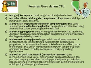 Peranan Guru dalam CTL:
1) Mengkaji konsep atau teori yang akan dipelajari oleh siswa .
2) Memahami latar belakang dan pengalaman hidup siswa melalui proses
pengkajian secara seksama.
3) Mempelajari lingkungan sekolah dan tempat tinggal siswa yang
selanjutnya memilih dan mengkaitkan dengan konsep atau teori yang
akan dibahas dalam pembelajaran kontekstual.
4) Merancang pengajaran dengan mengkaitkan konsep atau teori yang
dipelajari dengan mempertimbangkan pengalaman yang dimiliki siswa
dan lingkungan hidup mereka.
5) Melaksanakan pengajaran dengan selalu mendorong siswa untuk
mengkaitkan apa yang sedang dipelajari dengan pengetahuan/
pengalaman sebelumnya dan fenomena kehidupan sehari-hari, serta
mendorong siswa untuk membangun kesimpulan yang merupakan
pemahaman siswa terhadap konsep atau teori yang sedang
dipelajarinya.
6) Melakukan penilaian autentik (authentic assessment) yang
memungkinkan siswa untuk menunjukkan penguasaan tujuan dan
pemahaman yang mendalam terhadap pembelajarannya, sekaligus
pada saat yang bersamaan dapat meningkatkan dan menemukan cara
untuk peningkatan pengetahuannya.
 