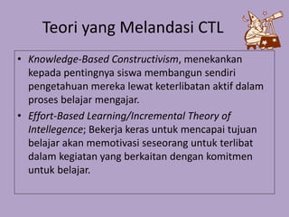 Teori yang Melandasi CTL
• Knowledge-Based Constructivism, menekankan
kepada pentingnya siswa membangun sendiri
pengetahuan mereka lewat keterlibatan aktif dalam
proses belajar mengajar.
• Effort-Based Learning/Incremental Theory of
Intellegence; Bekerja keras untuk mencapai tujuan
belajar akan memotivasi seseorang untuk terlibat
dalam kegiatan yang berkaitan dengan komitmen
untuk belajar.
 