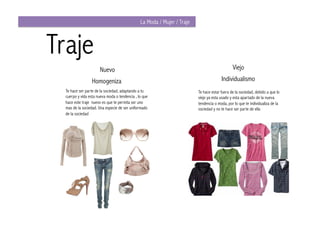 La Moda / Mujer / Traje



Traje
                      Nuevo                                                                   Viejo
                  Homogeniza                                                           Individualismo
  Te hace ser parte de la sociedad, adaptando a tu                       Te hace estar fuera de la sociedad, debido a que lo
  cuerpo y vida esta nueva moda o tendencia , lo que                     viejo ya esta usado y esta apartado de la nueva
  hace este traje nuevo es que te permita ser uno                        tendencia o moda, por lo que te individualiza de la
  mas de la sociedad. Una especie de ser uniformado                      sociedad y no te hace ser parte de ella
  de la sociedad
 