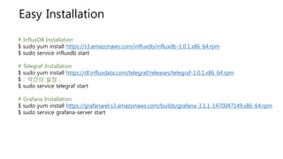 Easy Installation
# InfluxDB Installation
$ sudo yum install https://s3.amazonaws.com/influxdb/influxdb-1.0.1.x86_64.rpm
$ sudo service influxdb start
# Telegraf Installation
$ sudo yum install https://dl.influxdata.com/telegraf/releases/telegraf-1.0.1.x86_64.rpm
$ .. 약간의 설정 ..
$ sudo service telegraf start
# Grafana Installation
$ sudo yum install https://grafanarel.s3.amazonaws.com/builds/grafana-3.1.1-1470047149.x86_64.rpm
$ sudo service grafana-server start
 