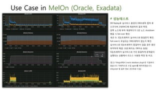 Use Case in MelOn (Oracle, Exadata)
# 성능테스트
DB Replay로 실서비스 환경의 DB트래픽 캡쳐 후
신규서버 2대(RAC)에 재생하여 결과 측정.
양쪽 노드에 부하 재생하다가 1번 노드 shutdown
했을 시 fail-over 확인.
세션 수, SQL트래픽이 실서비스와 동일한지 확인.
Fail-over시 유실되는 DB트래픽이 없는지 확인.
실서비스와 SQL트래픽이 동일하지 않을 경우 원인
파악하여 해결. (네트웍이슈, DB이슈 등등)
SQL트래픽이 실서비스와 거의 동일하게 문제없이
실행되는 상황에서 리소스 사용량 측정 및 비교.
(참고) Telegraf에서 oracle database plugin은 지원하지
않습니다. 자체적으로 수집 agent를 제작하였습니다.
(v$sysstat 및 일부 정보 초단위로 수집)
 