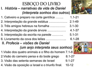 15
I. História – narrativas da vida de Daniel
(interpreta sonhos dos outros)
1. Cativeiro e preparo na corte gentílica …….. 1.1-21
2. Interpretação da grande estátua ……………… 2.1-49
3. Três amigos hebreus na fornalha …………… 3.1-30
4. Interpretação da grande árvore ……………… 4.1-37
5. Interpretação da escrita na parede ……….. 5.1-31
6. Livramento da cova dos leões ……………….. 6.1-28
II. Profecia – visões de Daniel
(um anjo interpreta seus sonhos)
1.Visão dos quatro animais e o filho do homem 7.1-8
2.Visão do carneiro persa e do bode grego 8.1-27
3. Visão das setenta semanas de Israel 9.1-27
4. Visão da oposição a Israel e o triunfo final. 10-12
ESBOÇO DO LIVRO
15
 