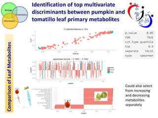 Biology

Chemistry

Comparison of Leaf Metabolites

Informatics

Identification of top multivariate
discriminants between pumpkin and
tomatillo leaf primary metabolites

Could also select
from increasing
and decreasing
metabolites
separately

 