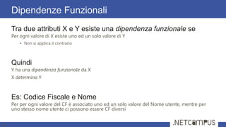 Tra due attributi X e Y esiste una dipendenza funzionale se
Per ogni valore di X esiste uno ed un solo valore di Y
• Non si applica il contrario
Quindi
Y ha una dipendenza funzionale da X
X determina Y
Es: Codice Fiscale e Nome
Per per ogni valore del CF è associato uno ed un solo valore del Nome utente, mentre per
uno stesso nome utente ci possono essere CF diversi
Dipendenze Funzionali
24
 