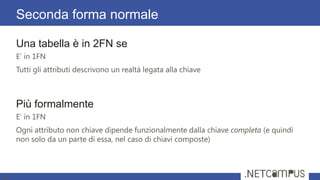 Una tabella è in 2FN se
E’ in 1FN
Tutti gli attributi descrivono un realtà legata alla chiave
Più formalmente
E’ in 1FN
Ogni attributo non chiave dipende funzionalmente dalla chiave completa (e quindi
non solo da un parte di essa, nel caso di chiavi composte)
Seconda forma normale
25
 