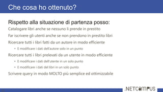 Rispetto alla situazione di partenza posso:
Catalogare libri anche se nessuno li prende in prestito
Far iscrivere gli utenti anche se non prendono in prestito libri
Ricercare tutti i libri fatti da un autore in modo efficiente
• E modificare i dati dell’autore solo in un punto
Ricercare tutti i libri prelevati da un utente in modo efficiente
• E modificare i dati dell’utente in un solo punto
• E modificare i dati del libri in un solo punto
Scrivere query in modo MOLTO più semplice ed ottimizzabile
Che cosa ho ottenuto?
32
 
