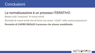La normalizzazione è un processo ITERATIVO
Basato sulla “creazione” di nuove entità
Permette di creare entità che all’inizio non erano “visibili” nelle nostre proposizioni
Permette di CAPIRE MEGLIO il processo che stiamo modellando
Conclusioni
35
 