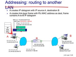 R
1A-23-F9-CD-06-9B
222.222.222.220
111.111.111.110
E6-E9-00-17-BB-4BCC-49-DE-D0-AB-7D
111.111.111.112
111.111.111.111
74-29-9C-E8-FF-55
A
222.222.222.222
49-BD-D2-C7-56-2A
222.222.222.221
88-B2-2F-54-1A-0F
B
Link Layer 5-26
Addressing: routing to another
LAN
IP
Eth
Phy
IP src: 111.111.111.111
IP dest: 222.222.222.222
 A creates IP datagram with IP source A, destination B
 A creates link-layer frame with R's MAC address as dest, frame
contains A-to-B IP datagram
MAC src: 74-29-9C-E8-FF-55
MAC dest: E6-E9-00-17-BB-4B
 