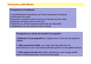Perspectives: ANR AMtools 
Perspectives scientifiques 
1.Caractéristiques hydrauliques sur l’inter-comparaison d’espèces 
2.Productions de cônes 
3.Nouveaux inventaires dans le sud-est et mesures sur les unités 
génétiques identiques dans le Nord- Est 
4.Obtention du climat et analyse stationnelle des dispositifs 
5.Modélisation de niche dans les aires d’origine 
Perspectives en terme de transfert et de gestion 
1.Rédaction d’une plaquette de 4 pages autour d’une liste de questions 
ciblées 
2. Effet provenance faible: pour Abies alba faire attention aux 
provenances du sud ou de basses altitudes quand on a des gelées tardives 
3. Effet espèce est plus fort: Abies cephalonica si peu de gels tardifs, 
Abies nordmanniana sinon sont de bonnes pistes 
