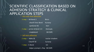 SCIENTIFIC CLASSIFICATION BASED ON
ADHESION STRATEGY & CLINICAL
APPLICATION STEPS
• Etch and rinse adhesives
3 step :– All Bond 2 Bisco
clearfil liner Bond Kuraray
optibond DC Kerr
2 step :- prime & Bond 2.0 Dentsply
singlebond 3M ESPE
• Self etch adhesives
2 step :- Adhe SE ivoclar vivadent
Clearfil SE kuraray
1 step:- G Bond GC
Adper prompt L-Pop 3M ESPE
113
 