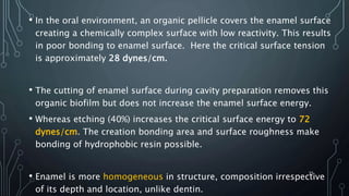 • In the oral environment, an organic pellicle covers the enamel surface
creating a chemically complex surface with low reactivity. This results
in poor bonding to enamel surface. Here the critical surface tension
is approximately 28 dynes/cm.
• The cutting of enamel surface during cavity preparation removes this
organic biofilm but does not increase the enamel surface energy.
• Whereas etching (40%) increases the critical surface energy to 72
dynes/cm. The creation bonding area and surface roughness make
bonding of hydrophobic resin possible.
• Enamel is more homogeneous in structure, composition irrespective
of its depth and location, unlike dentin.
35
 