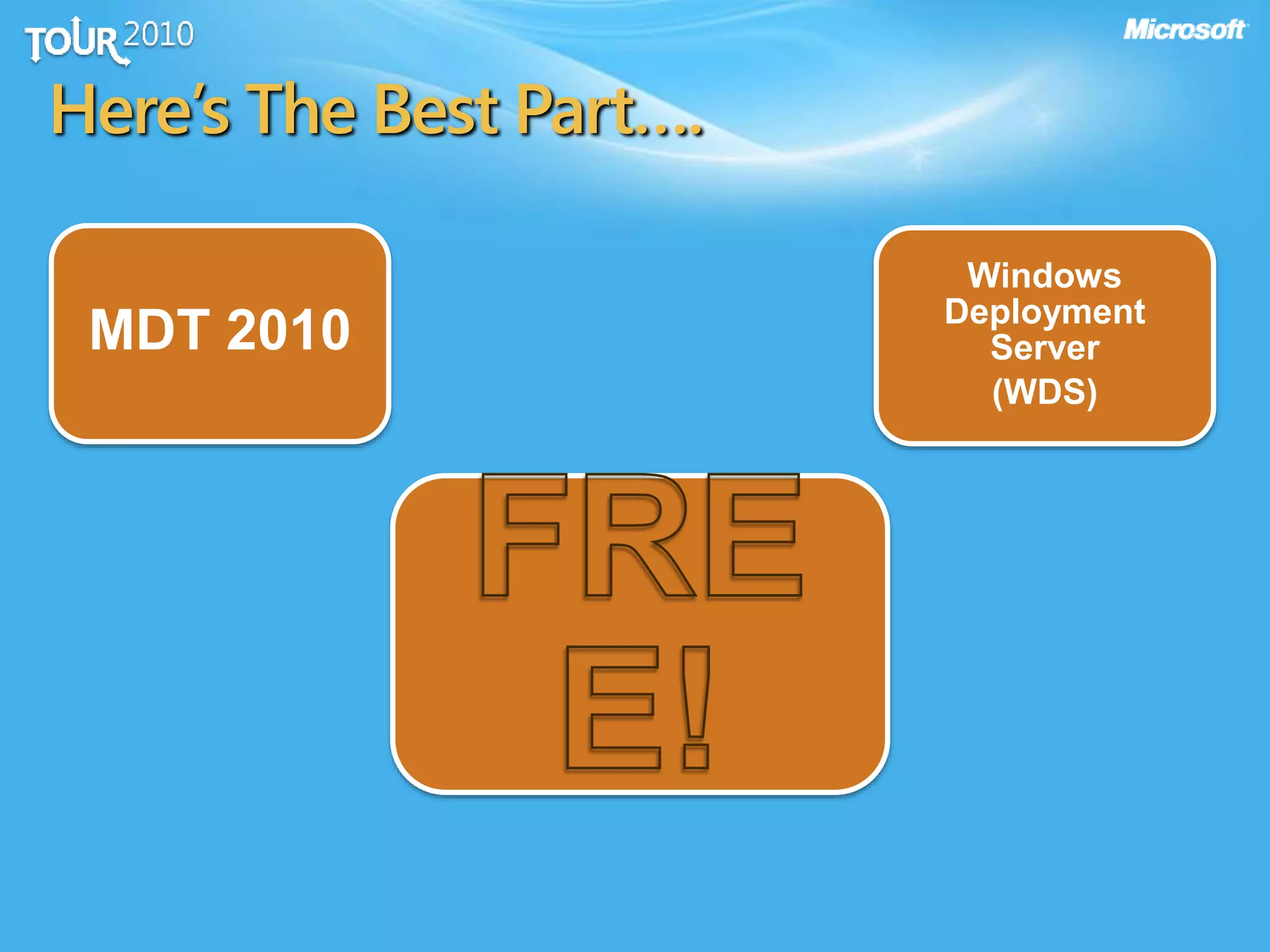 Here’s The Best Part….
MDT 2010
Windows
Deployment
Server
(WDS)
 