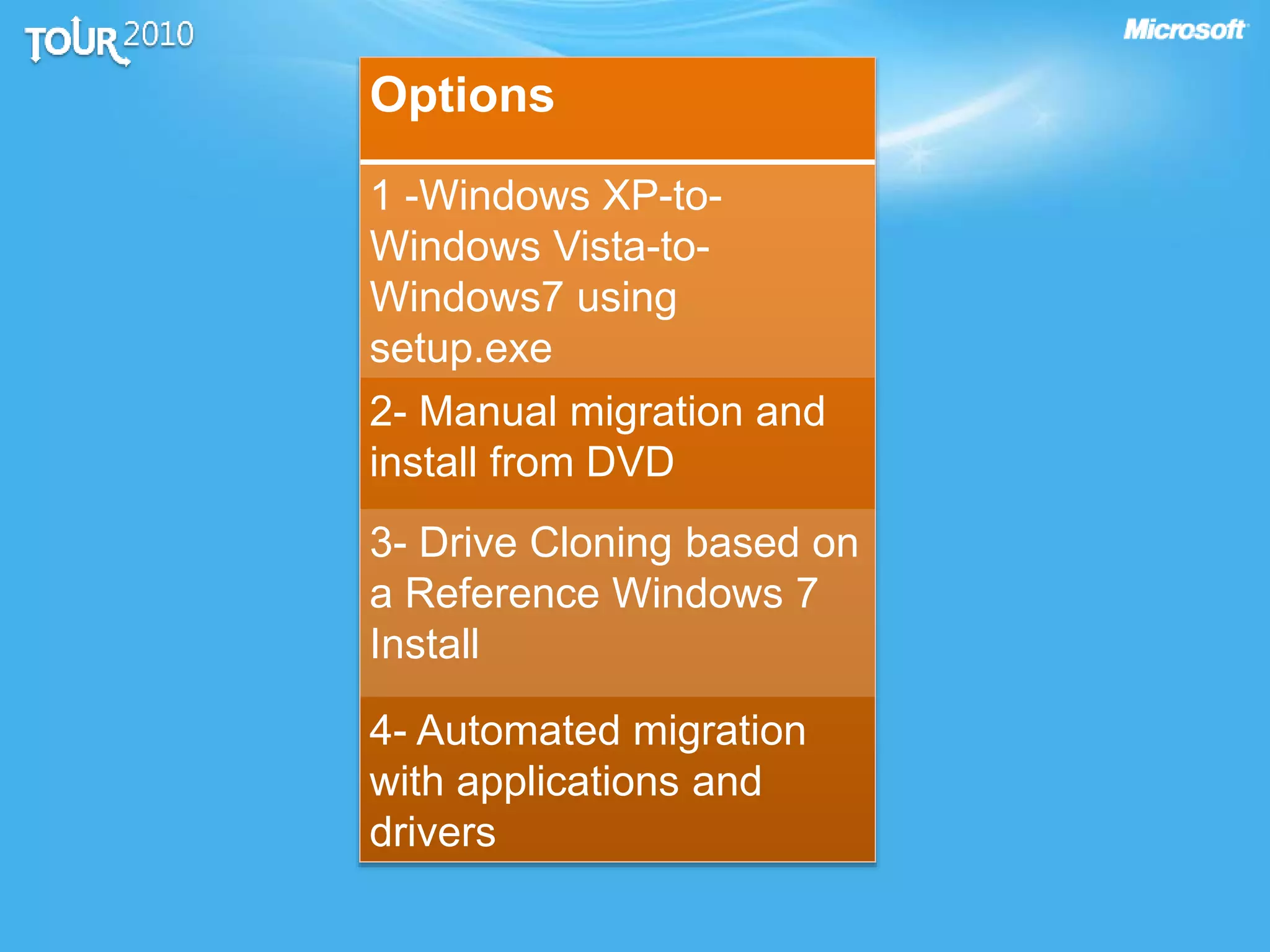 Options
1 -Windows XP-to-
Windows Vista-to-
Windows7 using
setup.exe
2- Manual migration and
install from DVD
3- Drive Cloning based on
a Reference Windows 7
Install
4- Automated migration
with applications and
drivers
 