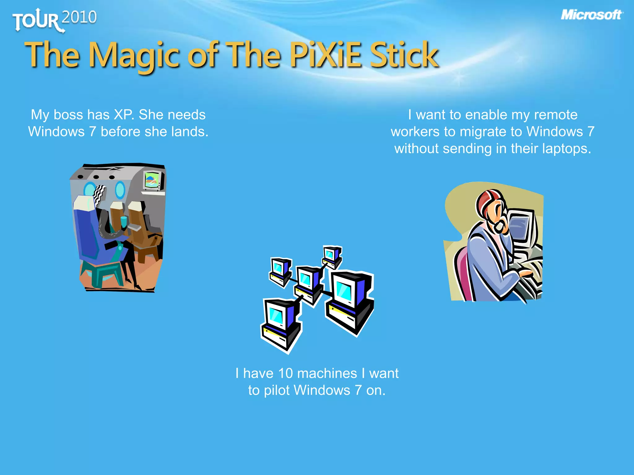 The Magic of The PiXiE Stick
My boss has XP. She needs
Windows 7 before she lands.
I have 10 machines I want
to pilot Windows 7 on.
I want to enable my remote
workers to migrate to Windows 7
without sending in their laptops.
 