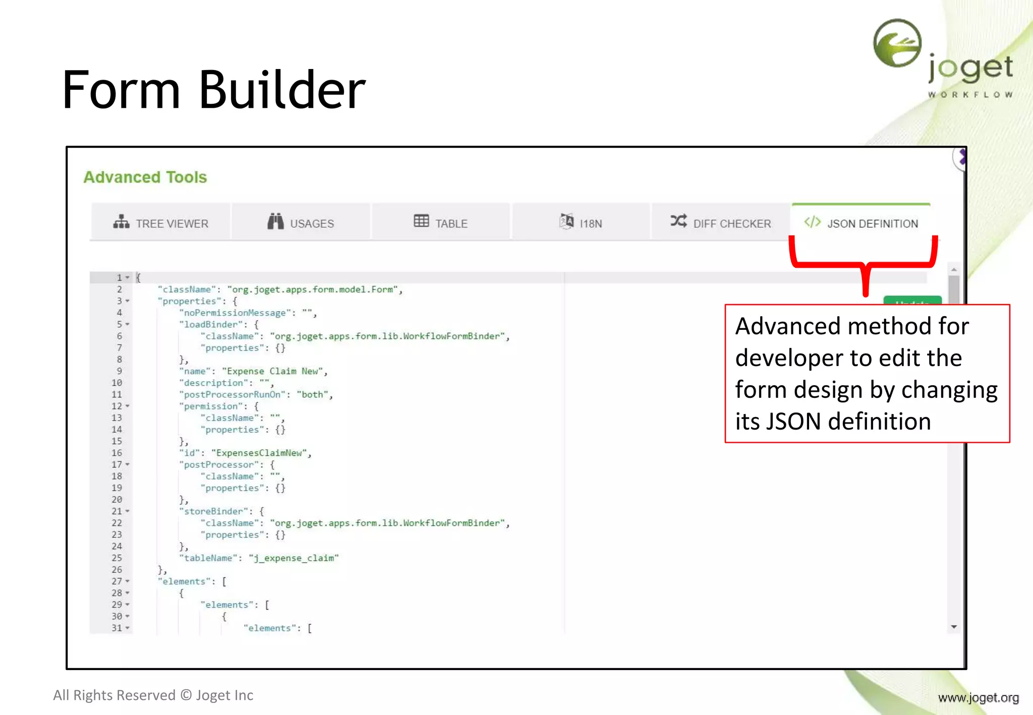 All Rights Reserved © Joget Inc
Form Builder
Advanced method for
developer to edit the
form design by changing
its JSON definition
 
