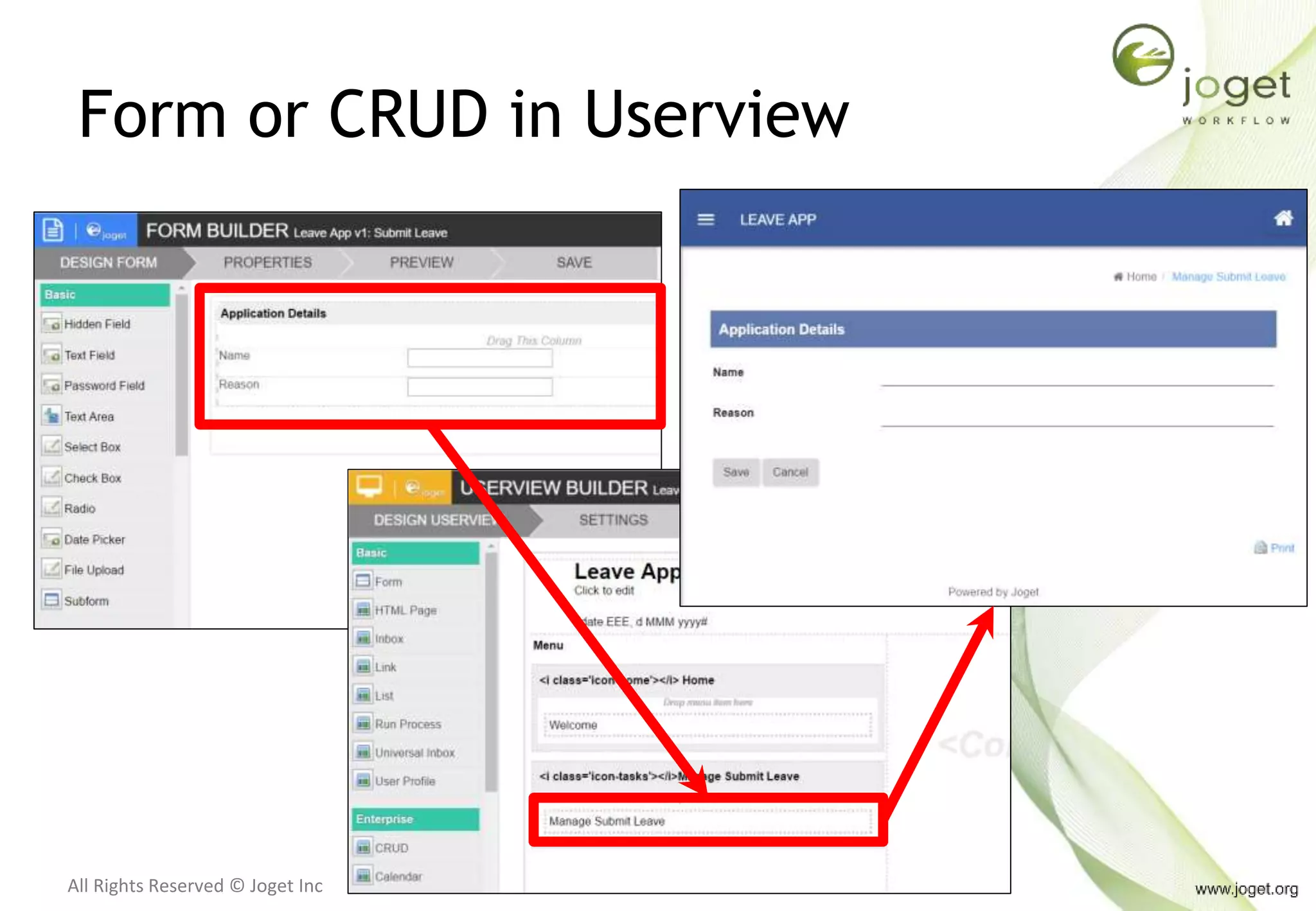 All Rights Reserved © Joget Inc
Form or CRUD in Userview
 