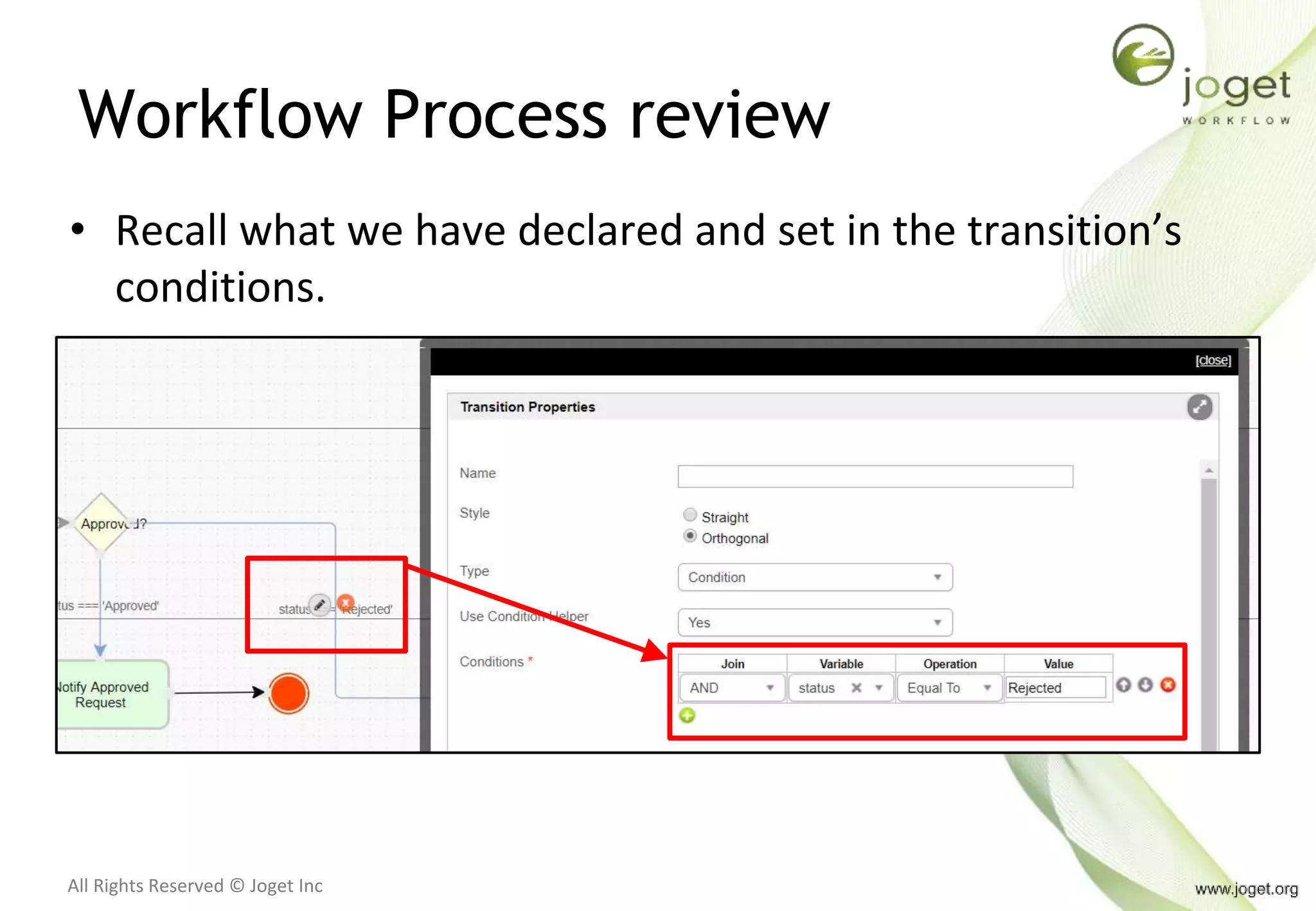 All Rights Reserved © Joget Inc
Workflow Process review
• Recall what we have declared and set in the transition’s
conditions.
 