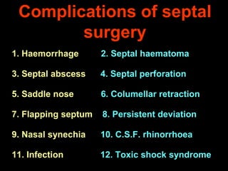 Complications of septal
surgery
1. Haemorrhage

2. Septal haematoma

3. Septal abscess

4. Septal perforation

5. Saddle nose

6. Columellar retraction

7. Flapping septum

8. Persistent deviation

9. Nasal synechia

10. C.S.F. rhinorrhoea

11. Infection

12. Toxic shock syndrome

 