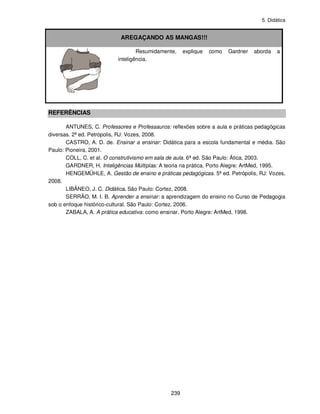 5. Didática
239
AREGAÇANDO AS MANGAS!!!
Resumidamente, explique como Gardner aborda a
inteligência.
REFERÊNCIAS
ANTUNES, C. Professores e Professauros: reflexões sobre a aula e práticas pedagógicas
diversas. 2ª ed. Petrópolis, RJ: Vozes, 2008.
CASTRO, A. D. de. Ensinar a ensinar: Didática para a escola fundamental e média. São
Paulo: Pioneira, 2001.
COLL, C. et al. O construtivismo em sala de aula. 6ª ed. São Paulo: Ática, 2003.
GARDNER, H. Inteligências Múltiplas: A teoria na prática. Porto Alegre: ArtMed, 1995.
HENGEMÜHLE, A. Gestão de ensino e práticas pedagógicas. 5ª ed. Petrópolis, RJ: Vozes,
2008.
LIBÂNEO, J. C. Didática. São Paulo: Cortez, 2008.
SERRÃO, M. I. B. Aprender a ensinar: a aprendizagem do ensino no Curso de Pedagogia
sob o enfoque histórico-cultural. São Paulo: Cortez, 2006.
ZABALA, A. A prática educativa: como ensinar. Porto Alegre: ArtMed, 1998.
 