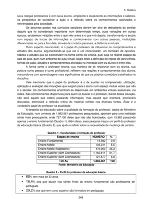 5. Didática
248
seus colegas professores e com seus alunos, ampliando e atualizando as informações e saberes,
na perspectiva de coordenar a ação e a reflexão sobre os conhecimentos valorizados e
referendados pela sociedade.
Os assuntos postos nos currículos escolares devem ser alvo de descoberta do sentido
daquilo que foi considerado importante num determinado tempo, suas variações em outras
épocas, estabelecer relações entre o que veio antes e o que virá depois, transformando a escola
num espaço de trocas de informações e conhecimentos com outras pessoas, instituições
diferenciadas no país e fora dele, através de contatos pessoais, a distância e virtuais.
Outro aspecto mencionado, é o papel do professor de influenciar os comportamentos e
atitudes dos alunos, argumentando-se que ele é um comunicador, um formador de opiniões,
hábitos e atitudes que se exteriorizam na forma como ele ensina, quer seja no restrito espaço da
sala de aula, quer num ambiente de aula virtual, locais onde a definição de regras de convivência,
formas de ação, atitudes e comportamentos afloração na interação com os alunos e entre eles.
A forma como o professor ensina, sua maneira de se relacionar com os alunos, sua
postura como pessoa e como profissional, refletem nas reações e comportamentos dos alunos,
marcando-os com aprendizagens mais significativas do que os próprios conteúdos trabalhados na
disciplina.
Vale mencionar que o papel do professor é o de auxiliar na compreensão, utilização,
aplicação e avaliação das inovações que surgem para o aluno num espaço muitas vezes que não
é o escolar. Os conhecimentos encontram-se disponíveis em ambientes virtuais acessíveis, via
redes. São conhecimentos disponíveis para quem os buscar e o professor, diante dessa situação,
não será aquele que estará passando informação, mas aquele que orientará, promoverá
discussão, estimulará a reflexão crítica do material colhido nas diversas fontes. Esse é o
verdadeiro papel do professor na atualidade.
A despeito da discussão sobre a qualidade da formação do professor, dados do Ministério
da Educação, num universo de 1.882.961 professores pesquisados, apontam para uma realidade
ainda mais preocupante, onde 727.150 deles que não são licenciados, com 15.982 possuindo
apenas o ensino fundamental (Quadro 1). Além disso, essa pesquisa traçou um perfil do professor
de educação básica (Quadro 2), que ajuda a refletir sobre a necessidade de mudança de cenário.
Quadro 1– Escolaridade e formação do professor
Etapas de ensino NÚMERO %
Ensino Fundamental 15.982 0,8
Ensino Médio 103.341 5,5
Ensino Médio (Magistério) 479.950 25,2
Ensino Superior (com Licenciatura) 1.160.811 61,7
Ensino Superior (sem Licenciatura) 127.877 6,8
TOTAL 1.882.961 100
Fonte: Ministério da Educação
Quadro 2 – Perfil do professor da educação básica
• 68% tem mais de 33 anos
• 16,4% dos que atuam nas séries finais do ensino fundamental são professores de
português
• 29,2% dos que tem curso superior são formados em pedagogia
 