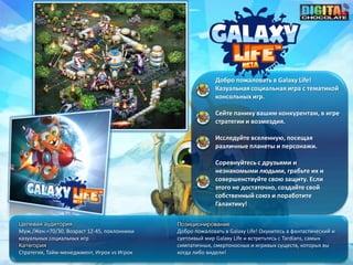 Добро пожаловать в Galaxy Life!
                                                           Казуальная социальная игра с тематикой
                                                           консольных игр.

                                                           Сейте панику вашим конкурентам, в игре
                                                           стратегии и возмездия.

                                                           Исследуйте вселенную, посещая
                                                           различные планеты и персонажи.

                                                           Соревнуйтесь с друзьями и
                                                           незнакомыми людьми, грабьте их и
                                                           совершенствуйте свою защиту. Если
                                                           этого не достаточно, создайте свой
                                                           собственный союз и поработите
                                                           Галактику!

Целевая аудитория                            Позиционирование
Муж./Жен.=70/30, Возраст 12-45, поклонники   Добро пожаловать в Galaxy Life! Окунитесь в фантастический и
казуальных социальных игр                    суетливый мир Galaxy Life и встретьтесь с Tardians, самых
Категория                                    симпатичных, смертоносных и игривых существ, которых вы
Стратегия, Тайм-менеджмент, Игрок vs Игрок   когда либо видели!
 