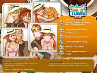 Добро пожаловать в New in
                                                                  Town! Казуальная социальная
                                                                  игра, симулятор жизни.

                                                                  Создавайте персонажа по
                                                                  своему вкусу.

                                                                  Заводите новые знакомства.

                                                                  Стройте дом своей мечты.

                                                                  Найдите свою любовь.

                                                                  Станьте знаменитостью в
                                                                  Городе!


Целевая аудитория                            Позиционирование
Муж./Жен.=50/50, Возраст 12-35, поклонники   Добро пожаловать в New in Town! Сделайте свою жизнь
казуальных социальных игр                    прекрасной. Все возможно, когда вы новенький в Городе!
Категория
Квесты, Приключения, Тайм-менеджмент                                                                  17
 